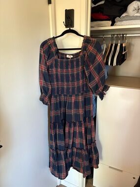 Ivy City Co Navy & Red Plaid Smocked Tiered Midi Dress